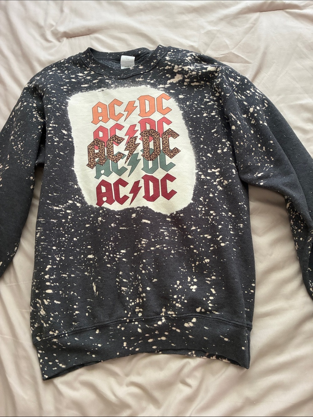 AC/DC Black Bleach-Effect Crewneck with Multicolor Logo
